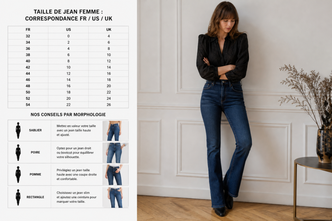 Taille de jean femme : correspondance FR / US / UK, avec tableau et conseils par morphologie